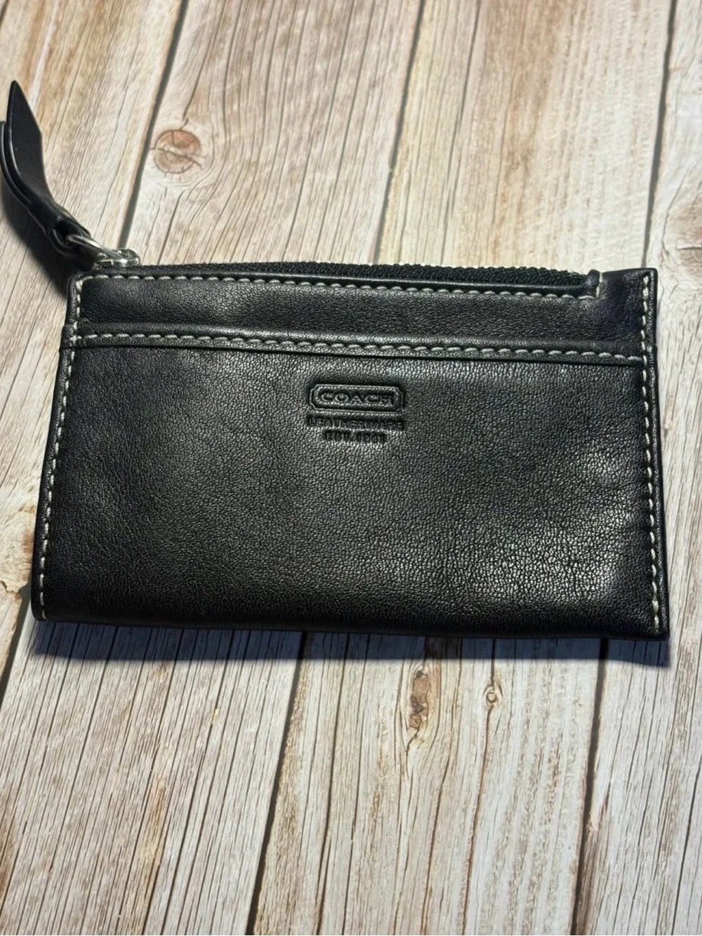 Coach Black Leather Zip Card Wallet with White Contrast Stitching